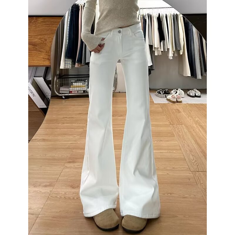 潮牌纯色白色微喇牛仔裤女生2025年秋季新款百搭显瘦拖地喇叭裤子|undefined
