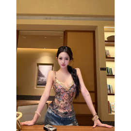夏季新款美式辣妹吊带背心女印花拼接领性感抹胸上衣女