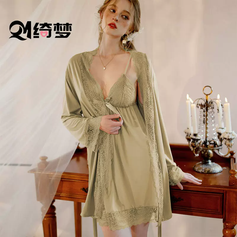 Sleepwear夏季女士睡衣性感两件套睡袍外贸居家短袖薄款吊带裙