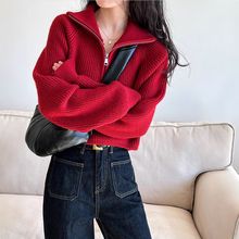 设计感半高领拉链红色针织衫女短款2025春秋新款高腰毛衣宽松休闲