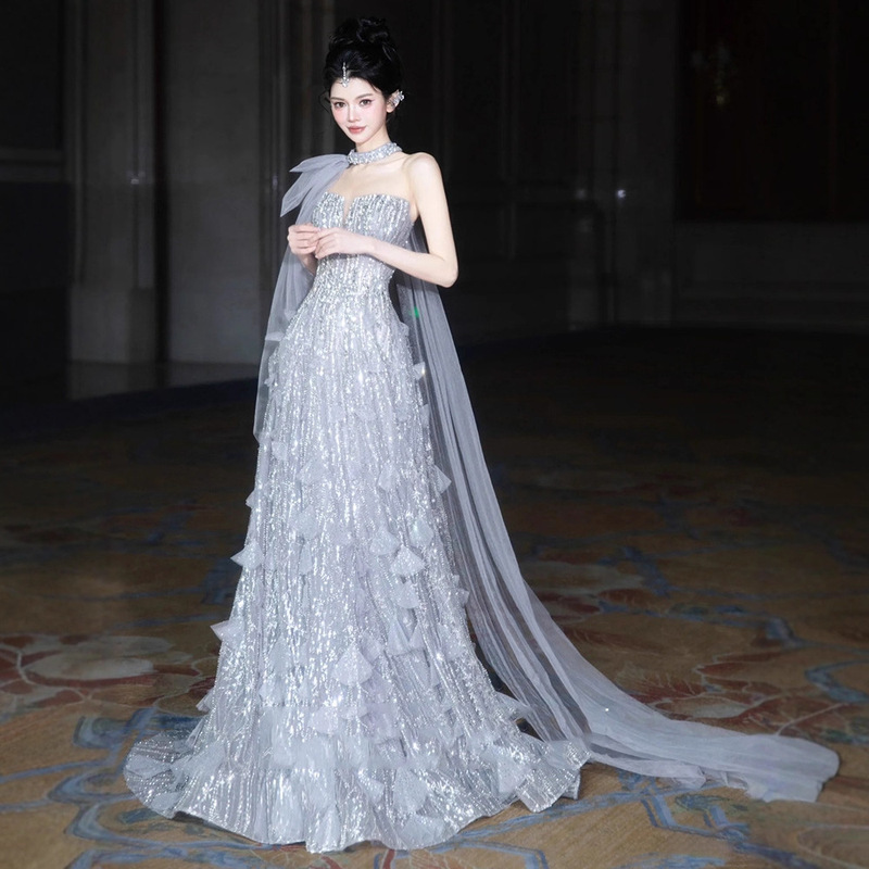 Light Luxury Heavy-Duty Evening Dress for Women 2026 New Style Host Graduation Performance Dress Engagement Birthday Coming-Of-Age Ceremony Dress