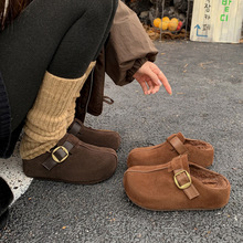 洋气舒适勃肯毛毛穆勒鞋2025内增高中跟牛反绒面皮带扣外穿拖鞋女