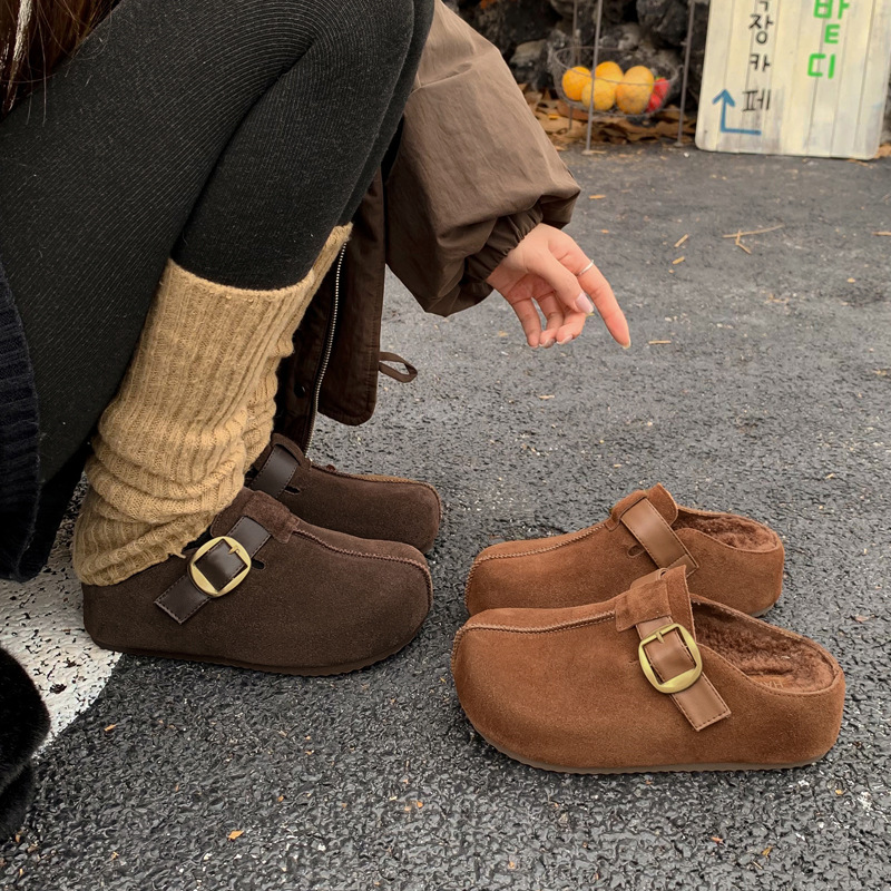 洋气舒适勃肯毛毛穆勒鞋2025内增高中跟牛反绒面皮带扣外穿拖鞋女