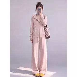 深圳南油秋季韩系减龄显瘦复古波点连帽拉链卫衣阔腿裤两件套女