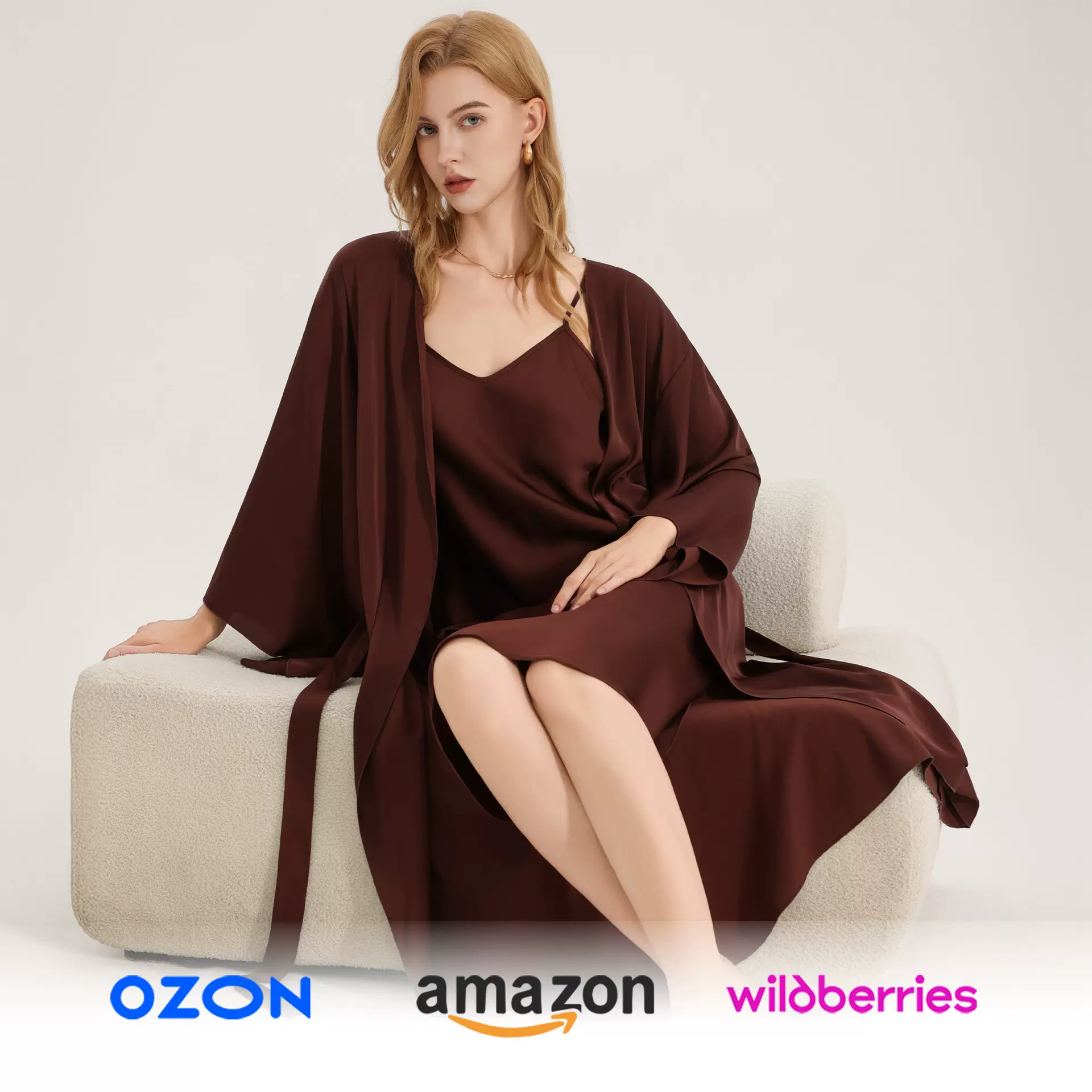 跨境WB新款纯色简约缎面雪纺大袖长袍WB女士优雅睡袍家居服3778