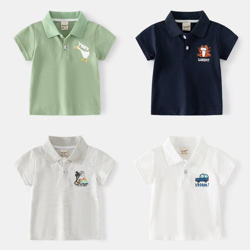 Fashion new boys' POLO shirt with cartoon pattern, simple casual lapel print, summer cotton short sleeves for children and middle-aged children