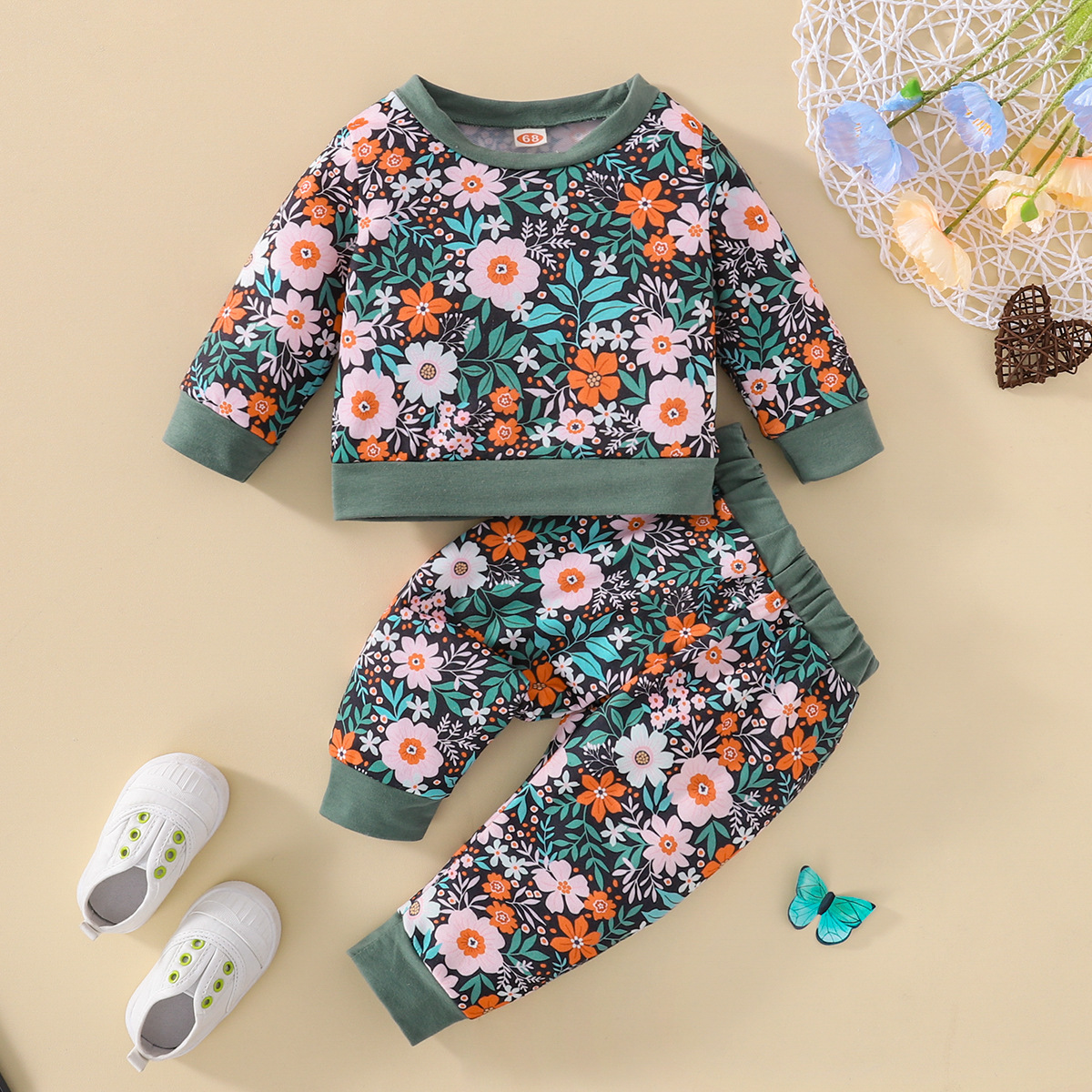 Pastoral Flower Printing Cotton Blend Baby Clothing Sets display picture 1