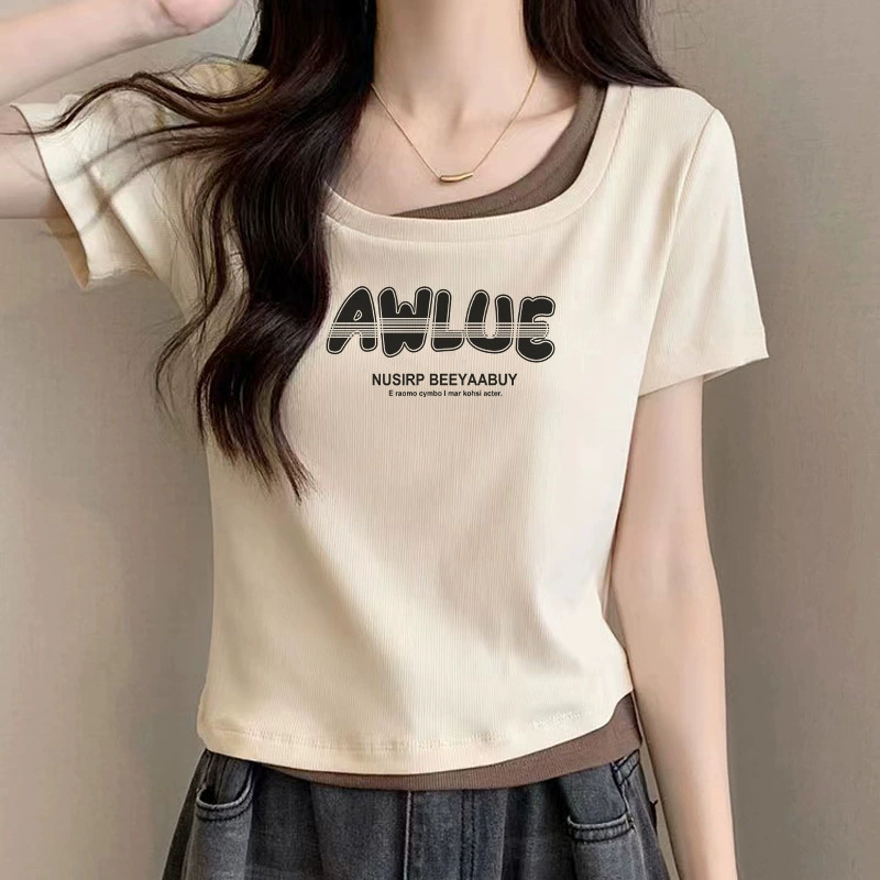 Женская летняя футболка из двух частей с U-образным вырезом и правым плечом с короткими рукавами, абрикосовый модный сексуальный короткий модный топ с принтом