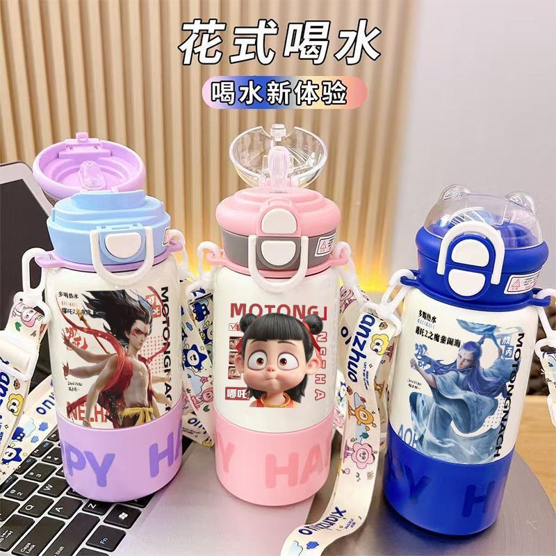 哪吒系列卡通保温杯不锈钢儿童水杯学生便携吸管挂绳大容新款|undefined