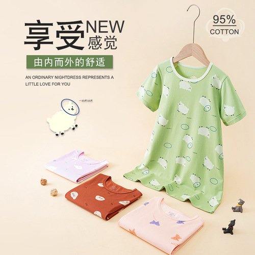 Korean style girls pure cotton home clothes summer thin cartoon loose short-sleeved pajamas girls princess dress children's nightgown