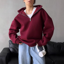 欧美加绒加厚保暖翻领半拉链气质oversize宽松简约纯色卫衣女外套
