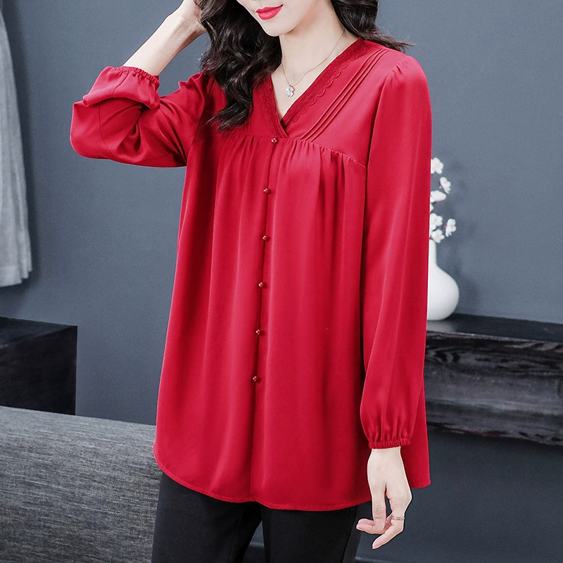 50,00-120,00 кг носимая летняя плиссированная шифоновая рубашка с V-образным вырезом универсальная верхняя одежда для мам среднего возраста женский топ больших размеров