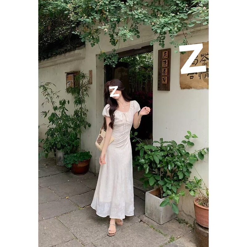 French-Style Dress with a Ladylike Elegance, Simple and Elegant, Light Luxury Jacquard Drawstring, Slimming Fashion Long Dress with Puff Sleeves French-Style Dress with a Ladylike Elegance, Simple and Elegant, Light Luxury Jacquard Drawstring, Slimming Fashion Long Dress with Puff Sleeves