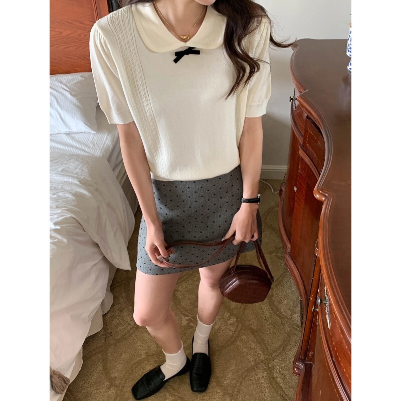 3th Morning early spring new cute doll collar bow short sleeve sweater ZY2630