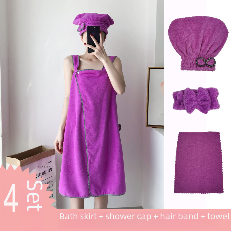 Factory Coral Fleece Bath Skirt Wearable Thickened Women's Halter Neck Strap Magic Bath Towel Adult Beach Towel Bath Cap Set 