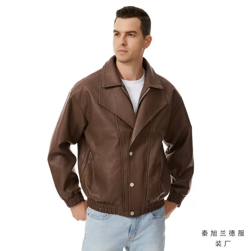 2025秋季新款男士美式潮牌机车服简约百搭立领皮衣宽松时尚皮夹克