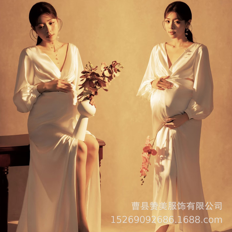 Photo Studio Maternity Photo Shoot Clothing, French-Style High-End Elegant White Dress, Pregnant Mom Belly Photo Shoot Gown Photo Studio Maternity Photo Shoot Clothing, French-Style High-End Elegant White Dress, Pregnant Mom Belly Photo Shoot Gown