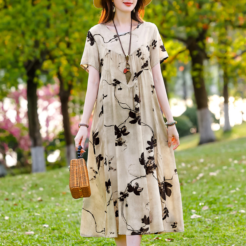 Middle-aged and Elderly Women's Elegant Middle-aged Mother's Cotton Silk Short-sleeved Dress Summer Large Size Slim-fit Mid-length Dress