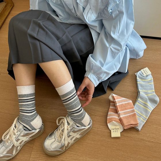 Spring and Summer new ice cream striped socks South Korea socks women's all-match mid-calf cotton socks women's preppy style pile socks women