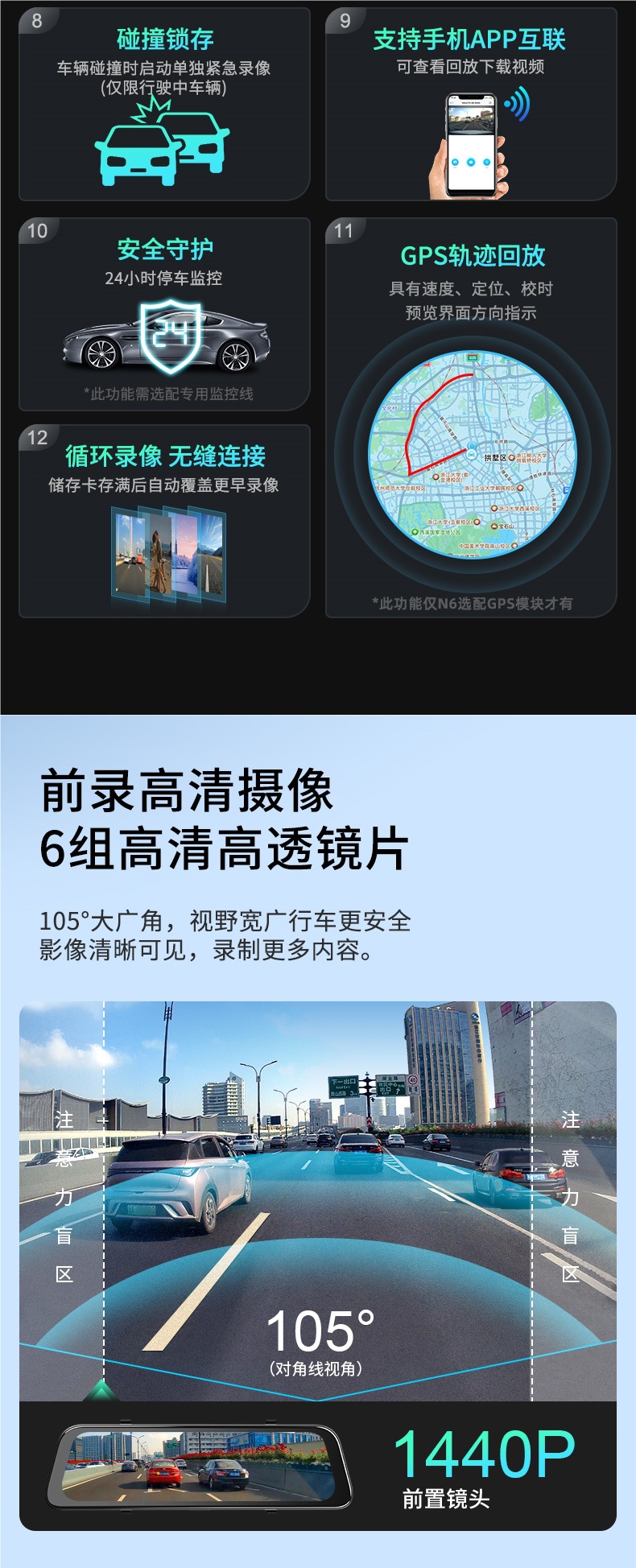 Hikvision N6Plus Driving Recorder Hd Front and Rear Dual Recording Panoramic Streaming Rearview Mirror Reversing Image