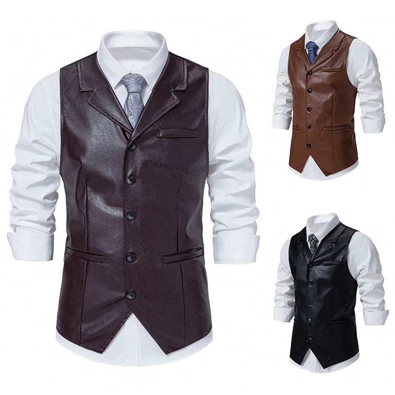 2025 Amazon Men's Retro Lapel Single Breasted Motorcycle Vest Leather Vest Sleeveless Jacket