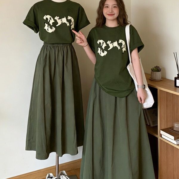 Plus-Size Women's Extra-Large Size 150kg Summer Outfit: a Complete Set of a Youthful Forest-Style Green Short-Sleeved T-Shirt and Skirt Two-Piece Set Plus-Size Women's Extra-Large Size 150kg Summer Outfit: a Complete Set of a Youthful Forest-Style Green Short-Sleeved T-Shirt and Skirt Two-Piece Set