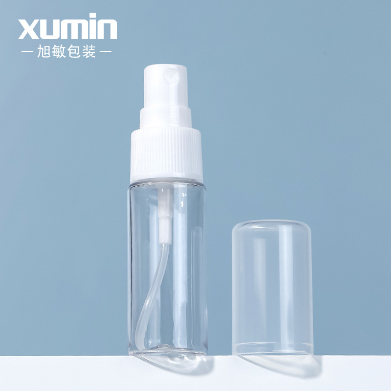 Xumin embalaje en stock 20ml transparente botella de spray para mascotas muestra blanca rayada sub-botella pequeña/botella de spray de tapa completa