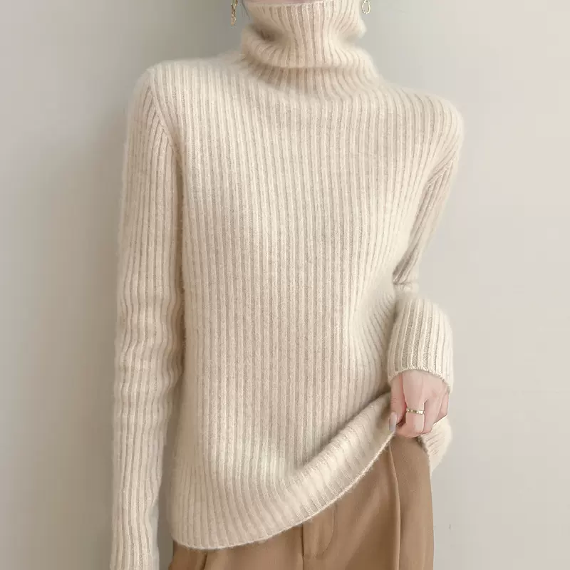 秋冬加厚高领坑条羊毛衫女针织打底衫长袖套头宽松毛衣显瘦堆堆领