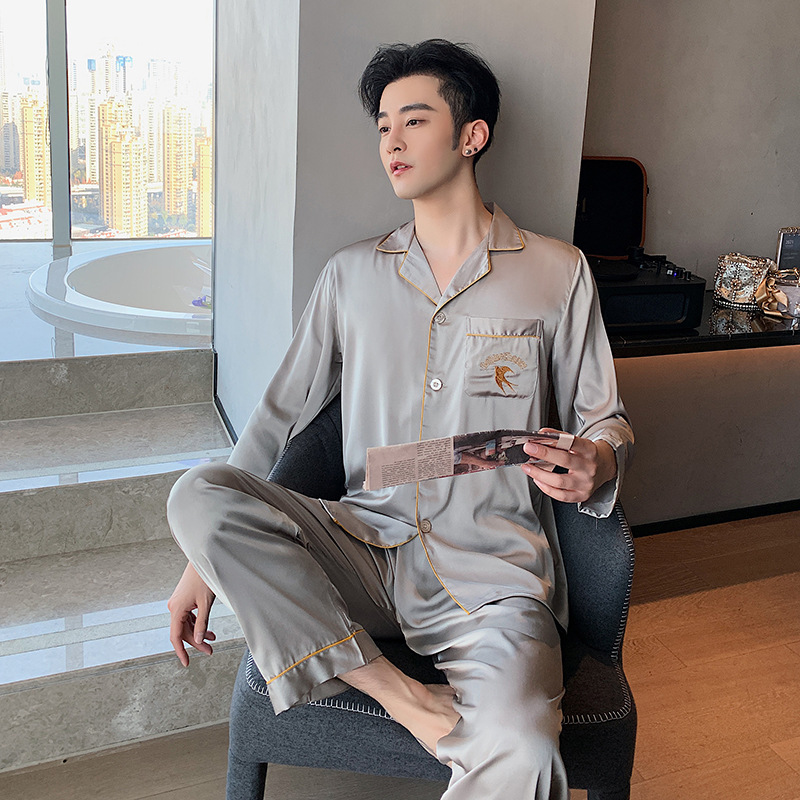 2025 새로운 아이스 실크 파자마 남자 봄과 가을 긴 소매 플러스 사이즈 카디건 세트 외부 착용 모조 실크 홈 옷