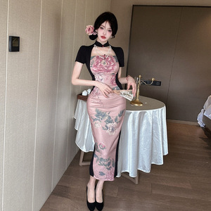 Southeast Asian New Chinese Style Improved Standing Neck Qipao Dress with Waist Wrap and Hip Wrap Skirt