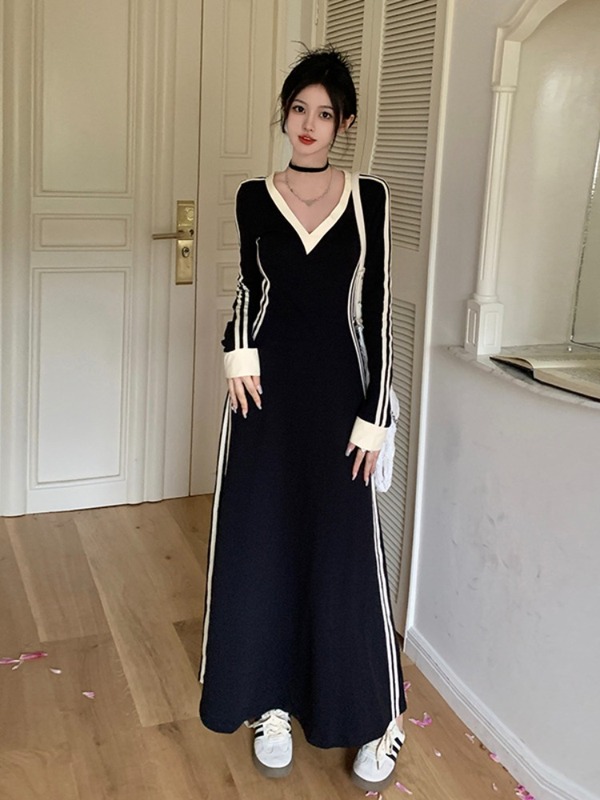 大码胖mm秋季条纹V领长袖t恤打底裙连衣裙女韩版高级感a字长裙子|undefined