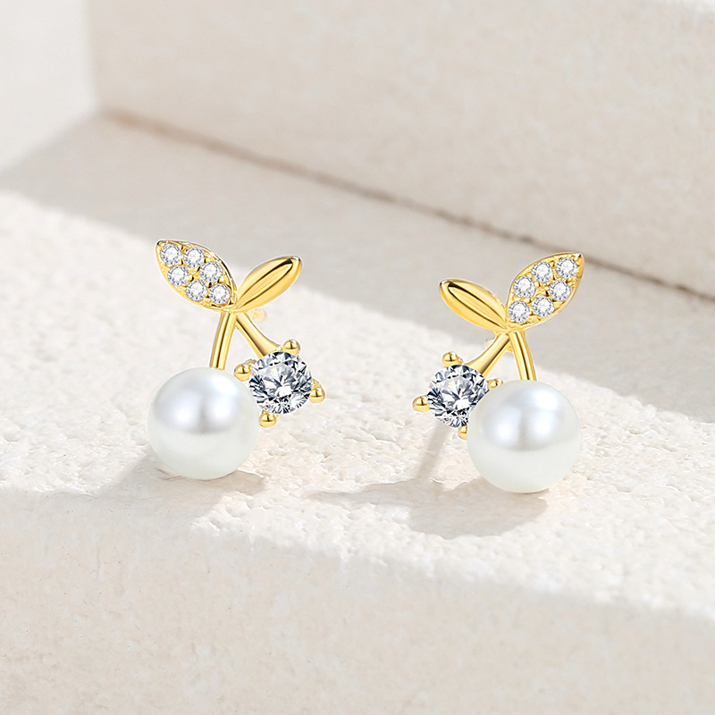 Corea del Sur nuevos pendientes de perlas de cereza para mujeres 925 pendientes de plata dulce fresco estilo ins pendientes de nicho para mujeres pendientes de verano