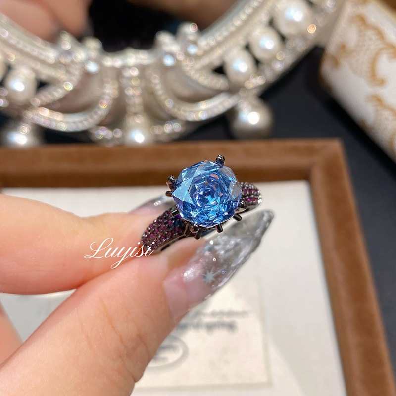 爆款八角千禧玫瑰切海蓝戒指女时尚轻奢高碳钻紫钻黑金色戒指批发|undefined