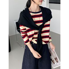 那末韩系宽松慵懒风条纹t恤女6羊毛圆领百搭撞色针织衫上衣D6136