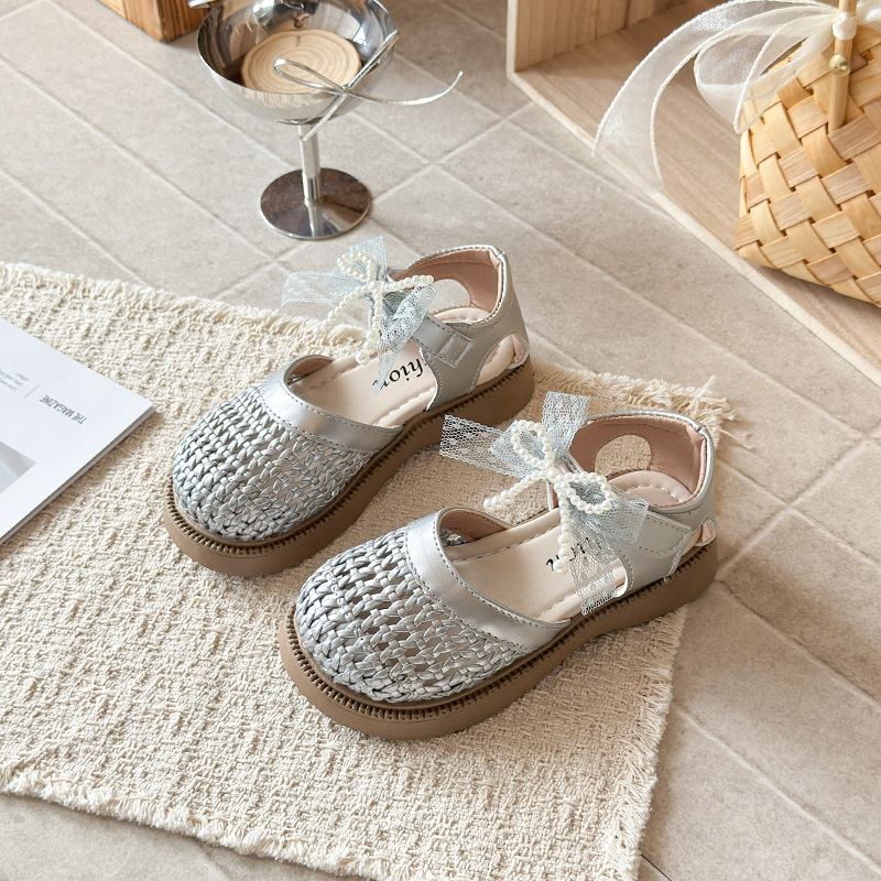 Niñas sandalias de tejido 2026 verano nuevo niño moda suave princesa zapatos de la niña arco hueco zapatos image 8