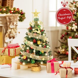 Cross-Border Hot Selling European and American Desktop Small Tree Christmas Decoration Mini Christmas Tree Cross-Border Ribbon Christmas Tree with Lights