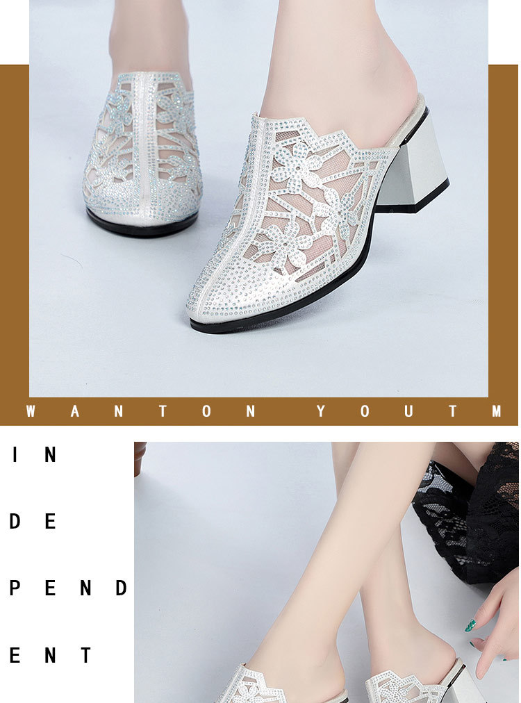 Giày cao gót da thật nữ mũi tròn bít, đế thấp thoải mái, có lỗ lưới đính đá Rhinestone — Màu be chi tiết 13