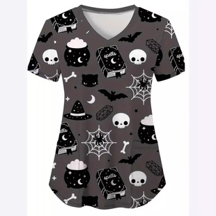 2024 Fashion Halloween Bat Skull 3D Print Women's Waistline V-Neck Double Patch Pocket Short-Sleeve Nursing Wear T-Shirt
