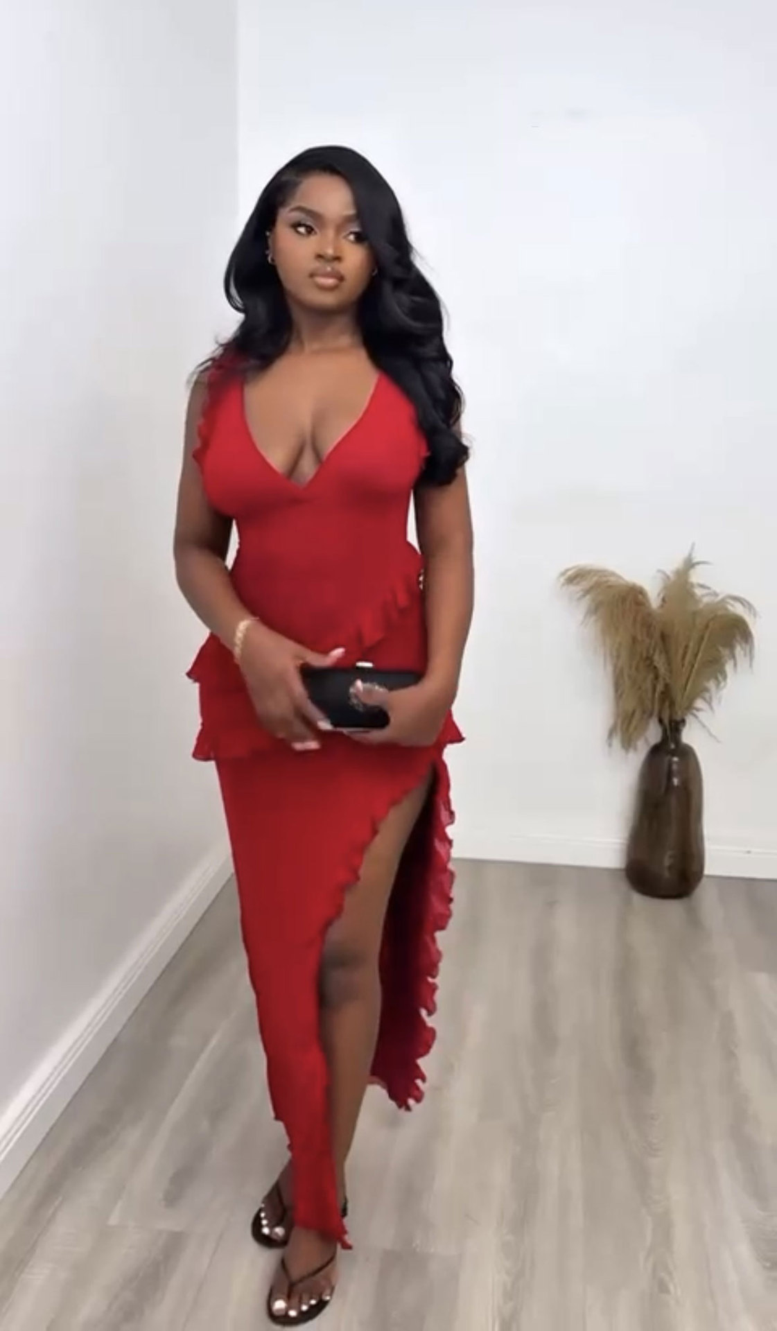 Sexy Ruffled Patchwork Dress Style Backless Slit Solid Color Fashion Elegant Women's Clothing_ecoleips.com