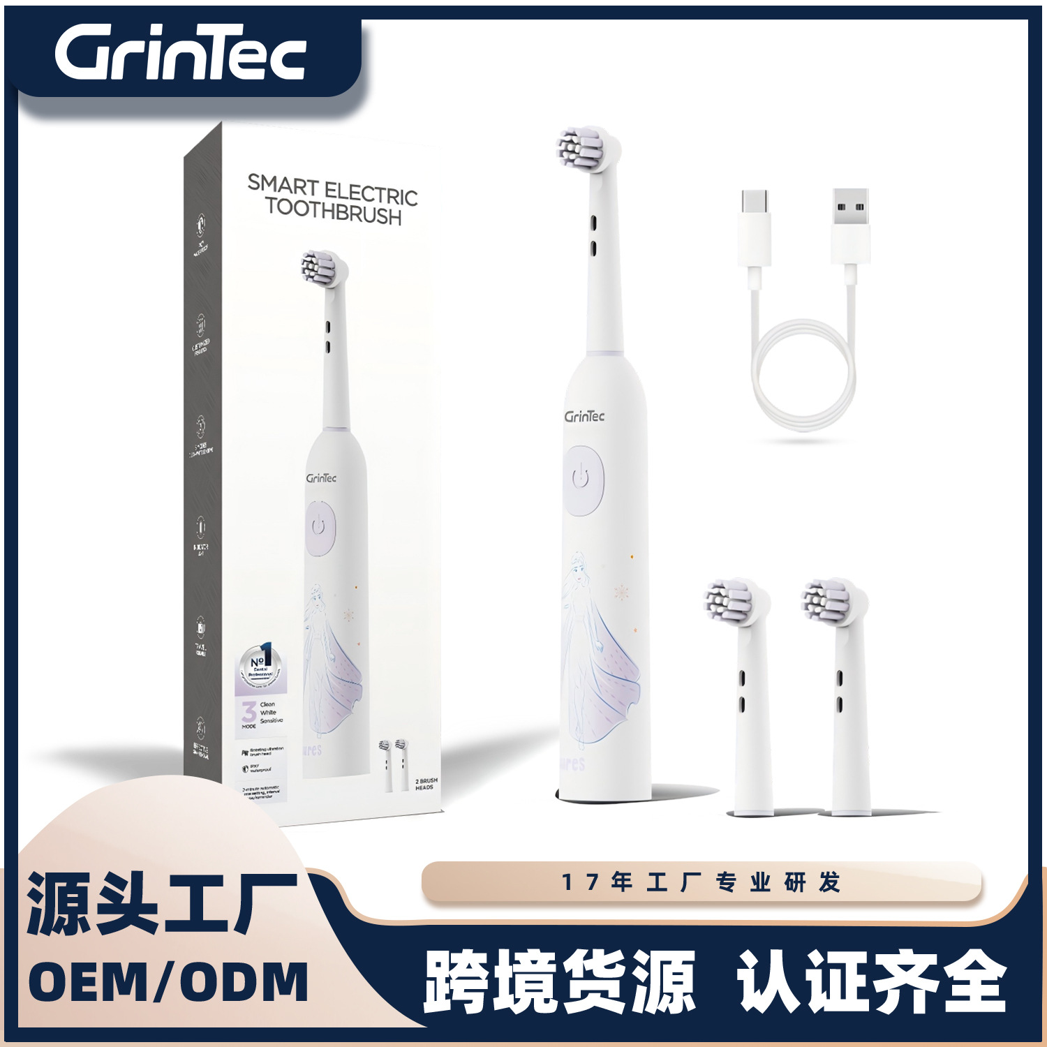 Cartoon Pattern Rechargeable Children's Rotating Electric Toothbrush USB Household Two Brush Heads Soft Bristles Gum Protection