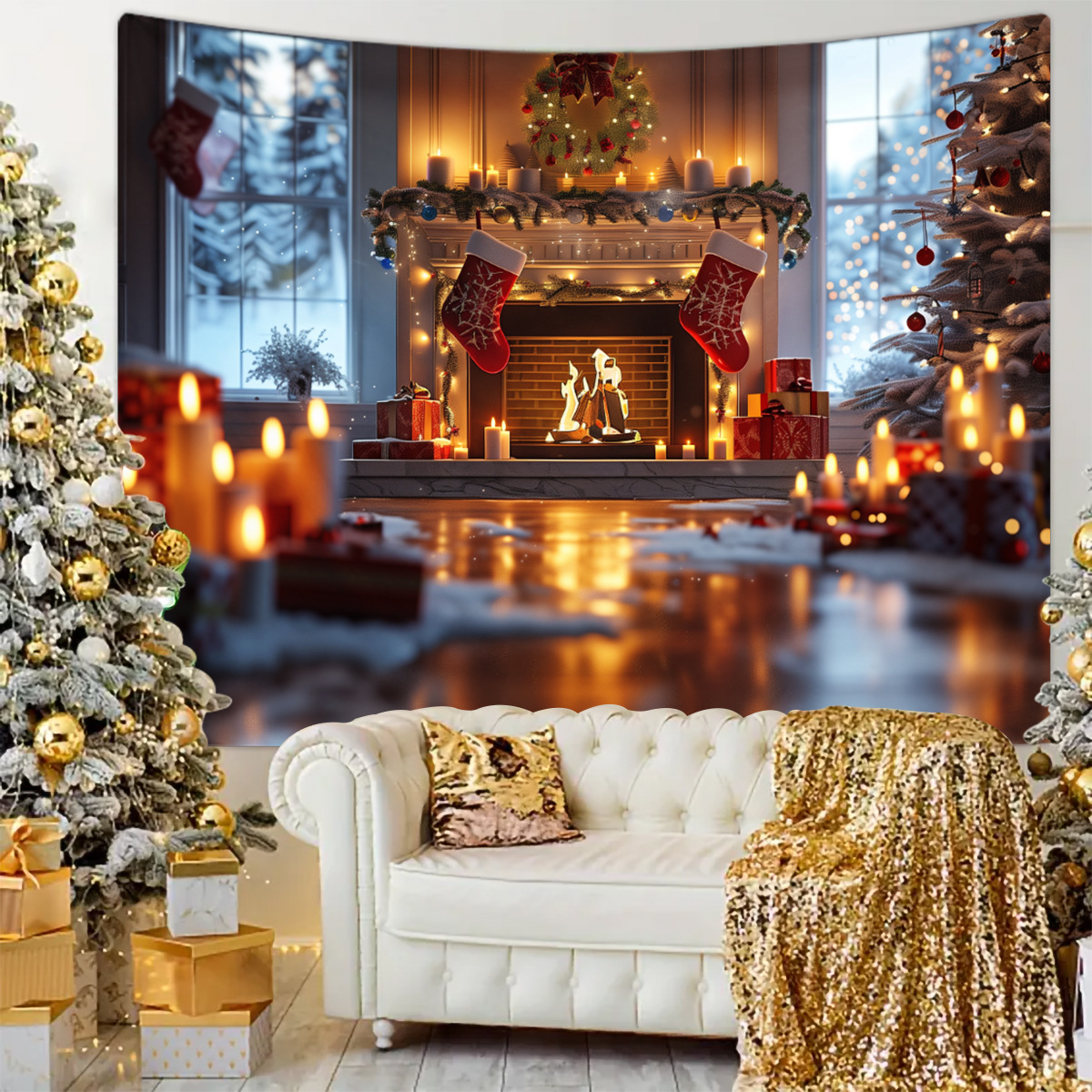 크리스마스 태피스트리 복고풍 크리스마스 벽난로 크리스마스 트리 장식 배경 교수형 천 크리스마스 사진 사진 태피스트리 천