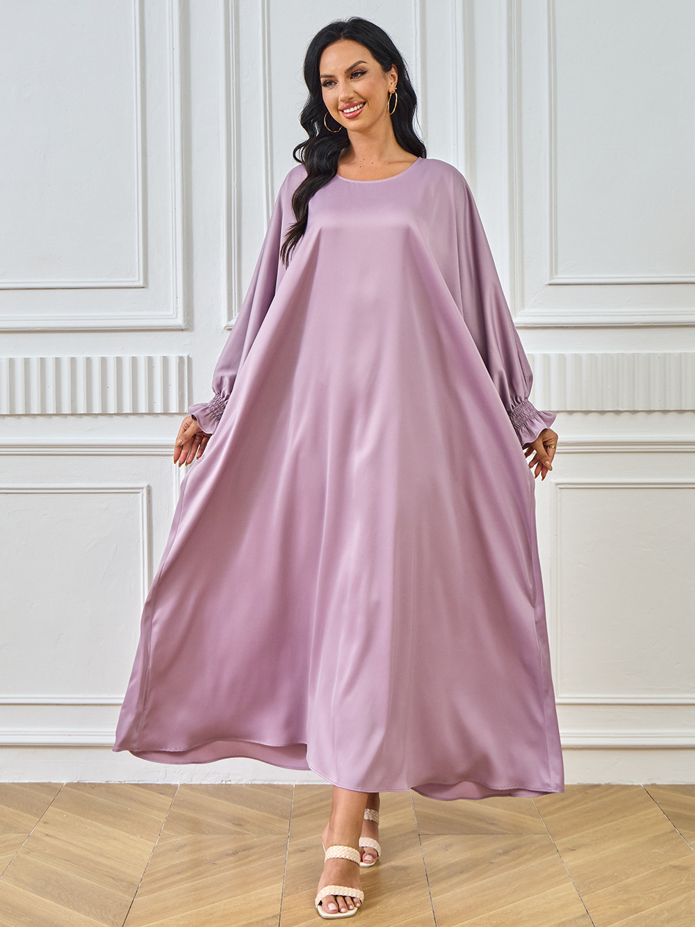 2024 New Cross-Border Abaya Dubai Muslim Middle Eastern Women's Long Robe Solid Color Dress_ecoleips.com