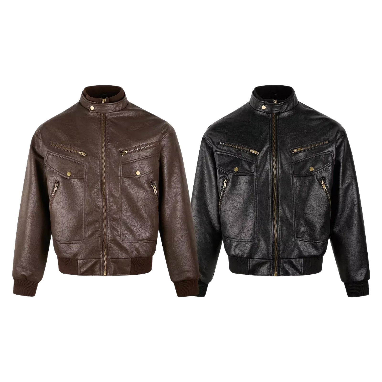 Men's Retro PU Leather Motorcycle Jacket Black Oversized Design Multi Pocket Cool Stand Collar American Style Streetwear_voghion.com