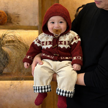 儿童拜年服套装冬季宝宝复古红色加厚连帽针织开衫婴儿保暖直筒裤