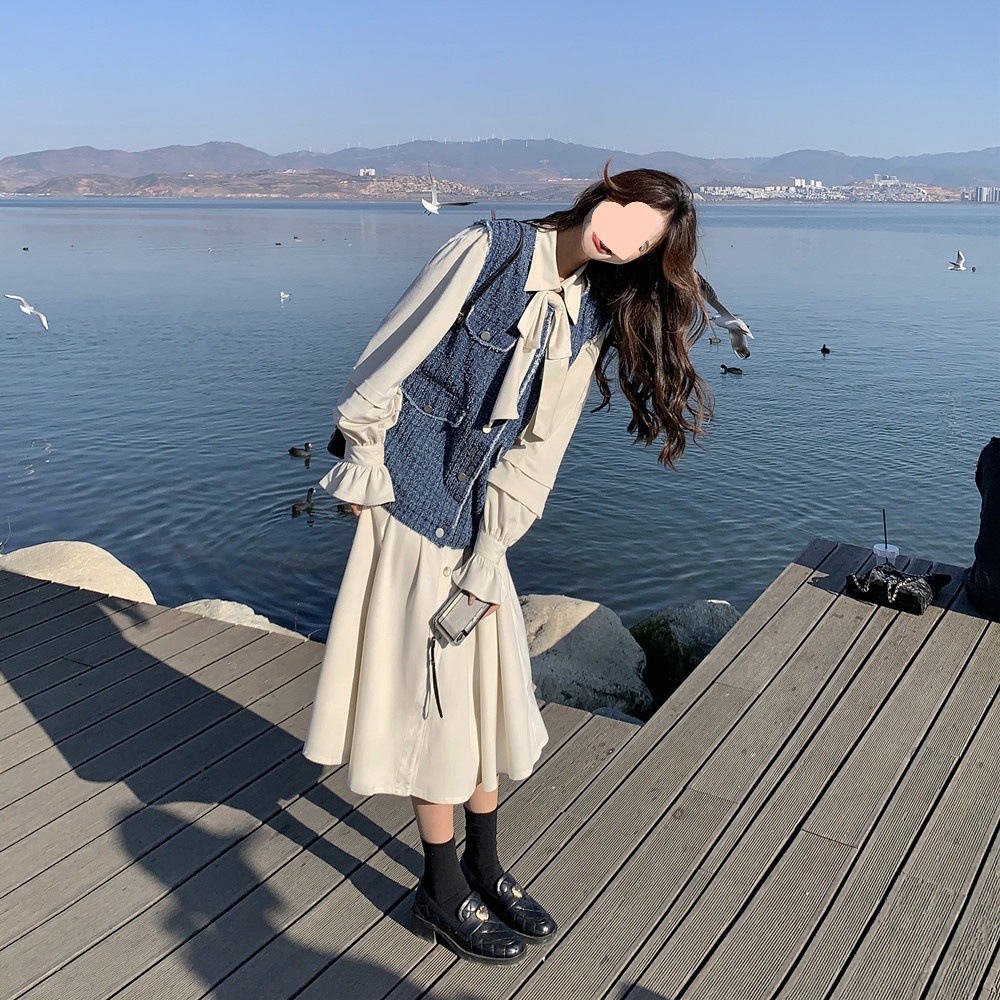 韩系设计感小香风牛仔马甲套装连衣裙女春秋冷淡系别致两件套