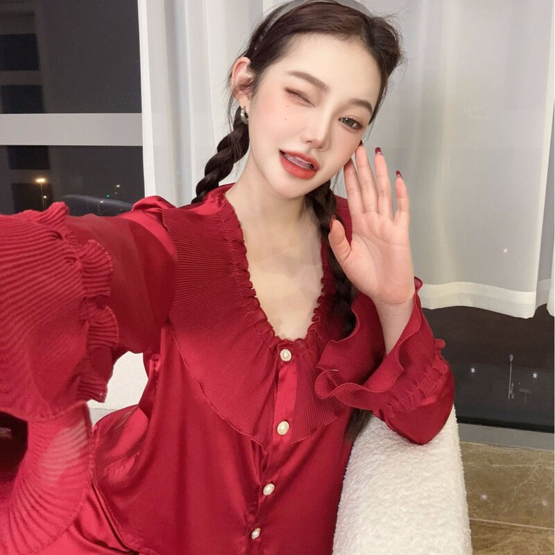 Yase068【Love Island】Spring and Autumn New Ice Silk Pajamas Long Sleeve Sweet Princess Style Doll Collar Homewear