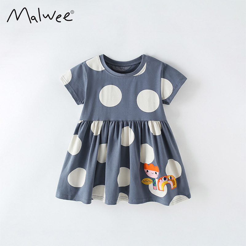 Malwee niñas vestido verano nuevo europeo y americano niños casual impreso manga corta cuello redondo vestido de princesa para niños