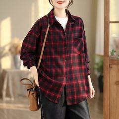磨毛格子衬衫 2025秋冬季新款 文艺复古翻领叠穿上衣女外套61079