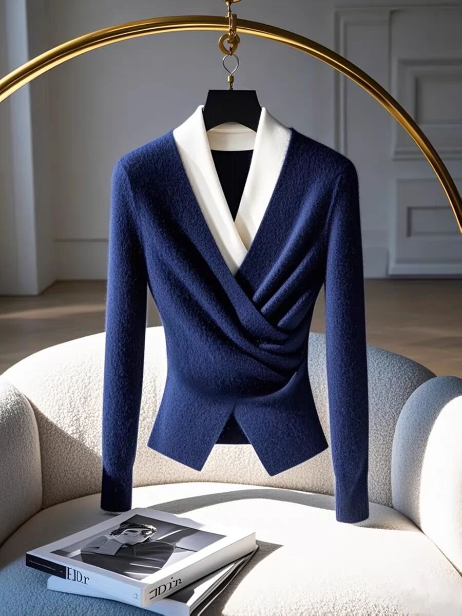 Áo len cardigan nữ cổ lọ phối hai lớp, thiết kế đối lập màu sắc, form ôm nhẹ — Rượu vang đỏ