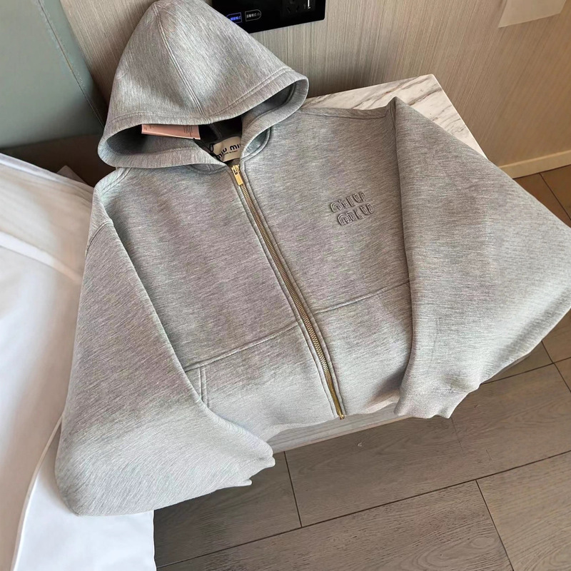 Space Cotton High-End Autumn and Winter Gray Patch Letter Hooded Sweatshirt Loose Casual Jacket